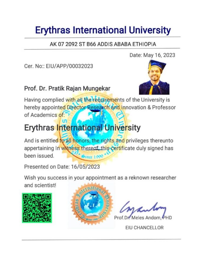 Dr. Pratik Mungekar Appointed Director of Research & Innovation at Erythras International University Ethiopia, Setting New Milestones